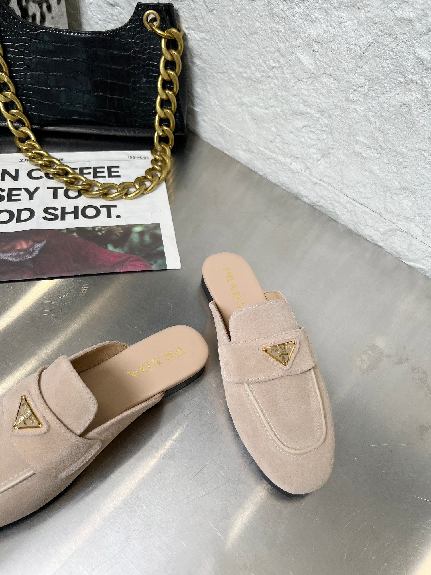 PRADA 26S MULE LOAFERS IN NUDE BEIGE SUEDE WITH LOGO