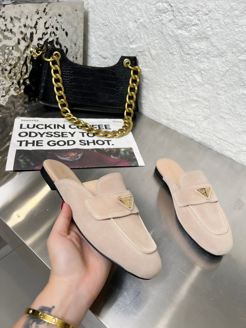 PRADA 26S MULE LOAFERS IN NUDE BEIGE SUEDE WITH LOGO