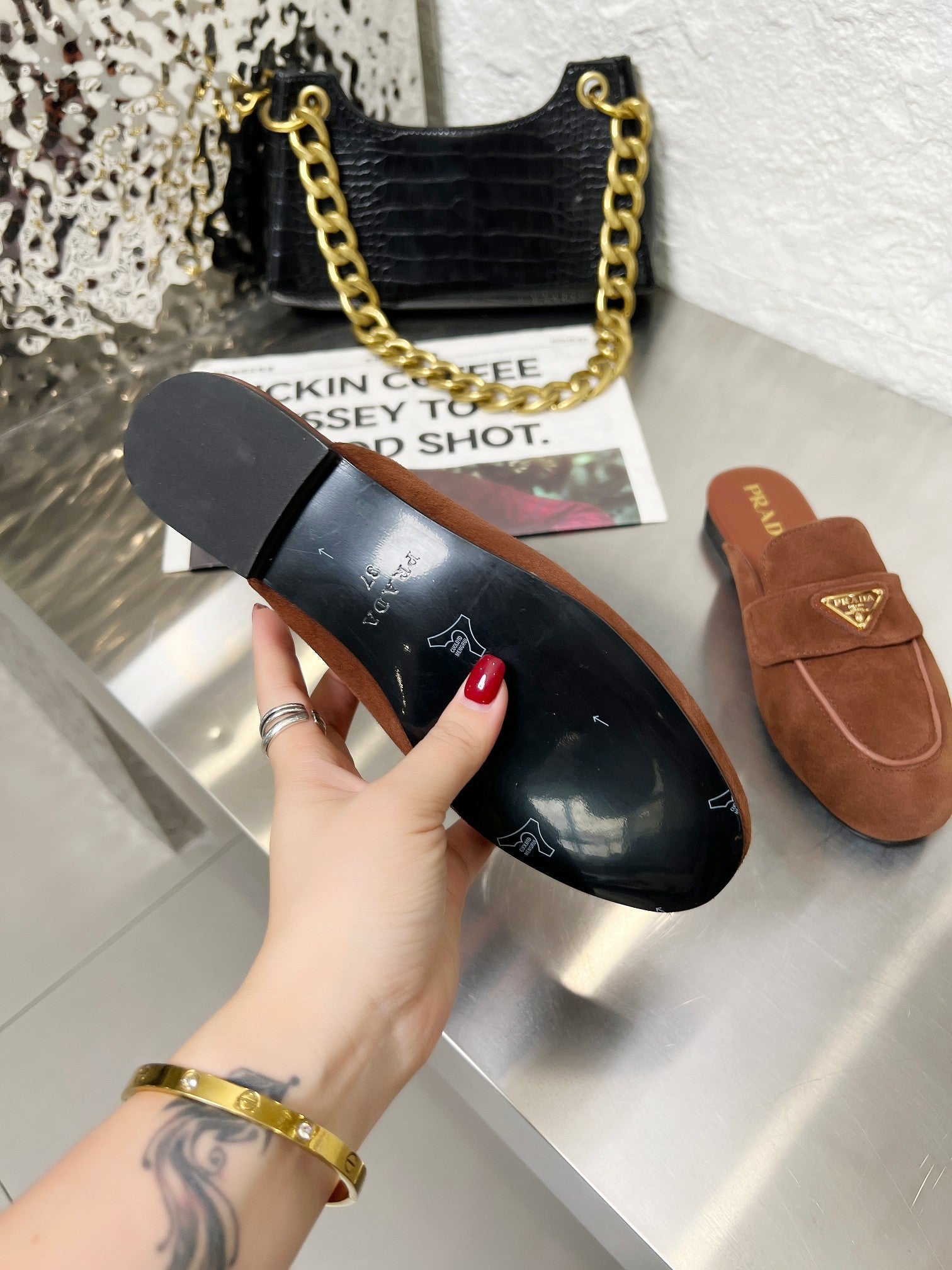 PRADA 26S MULE LOAFERS IN CHOCOLATE BROWN SUEDE WITH LOGO