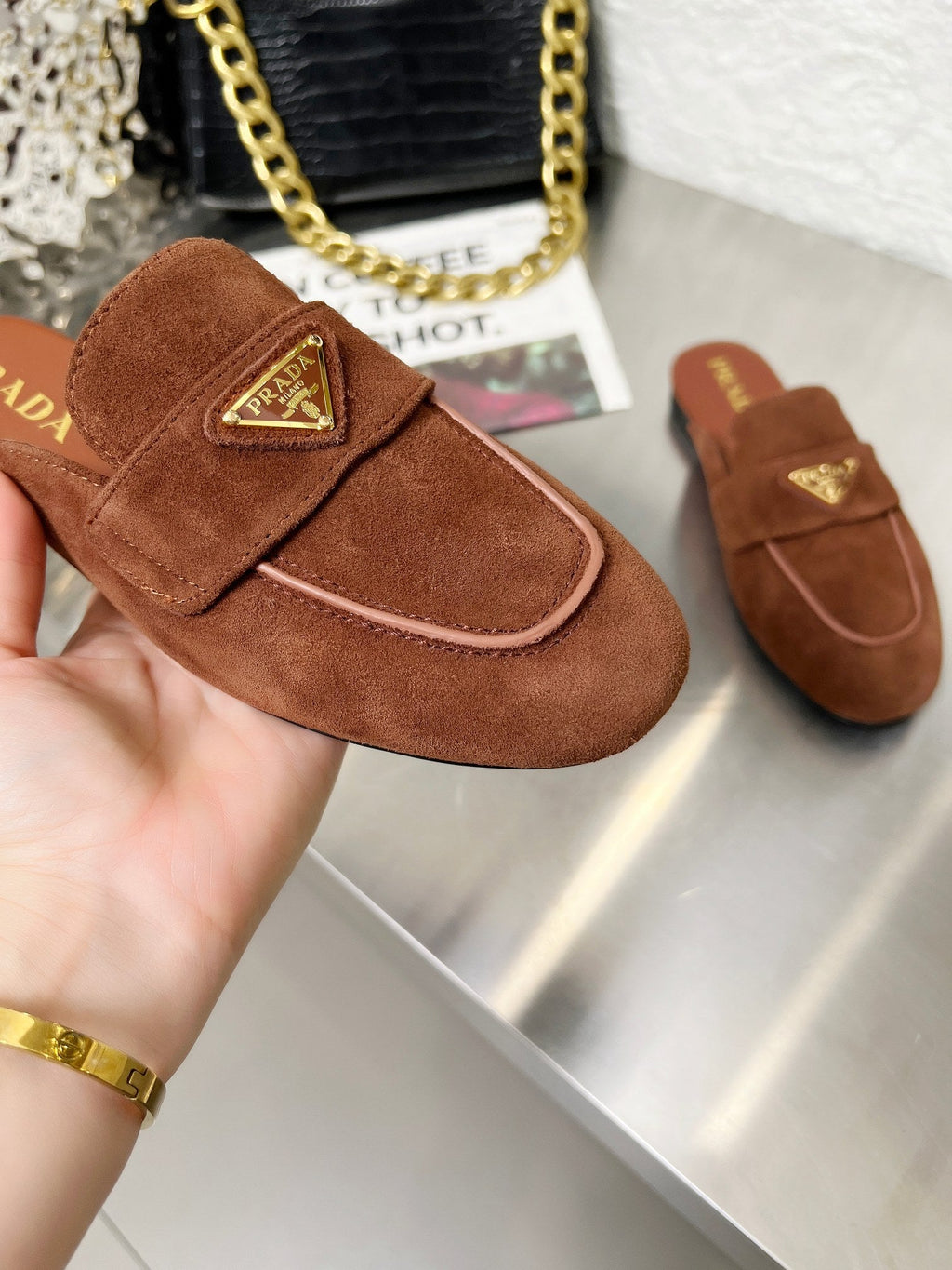 PRADA 26S MULE LOAFERS IN CHOCOLATE BROWN SUEDE WITH LOGO