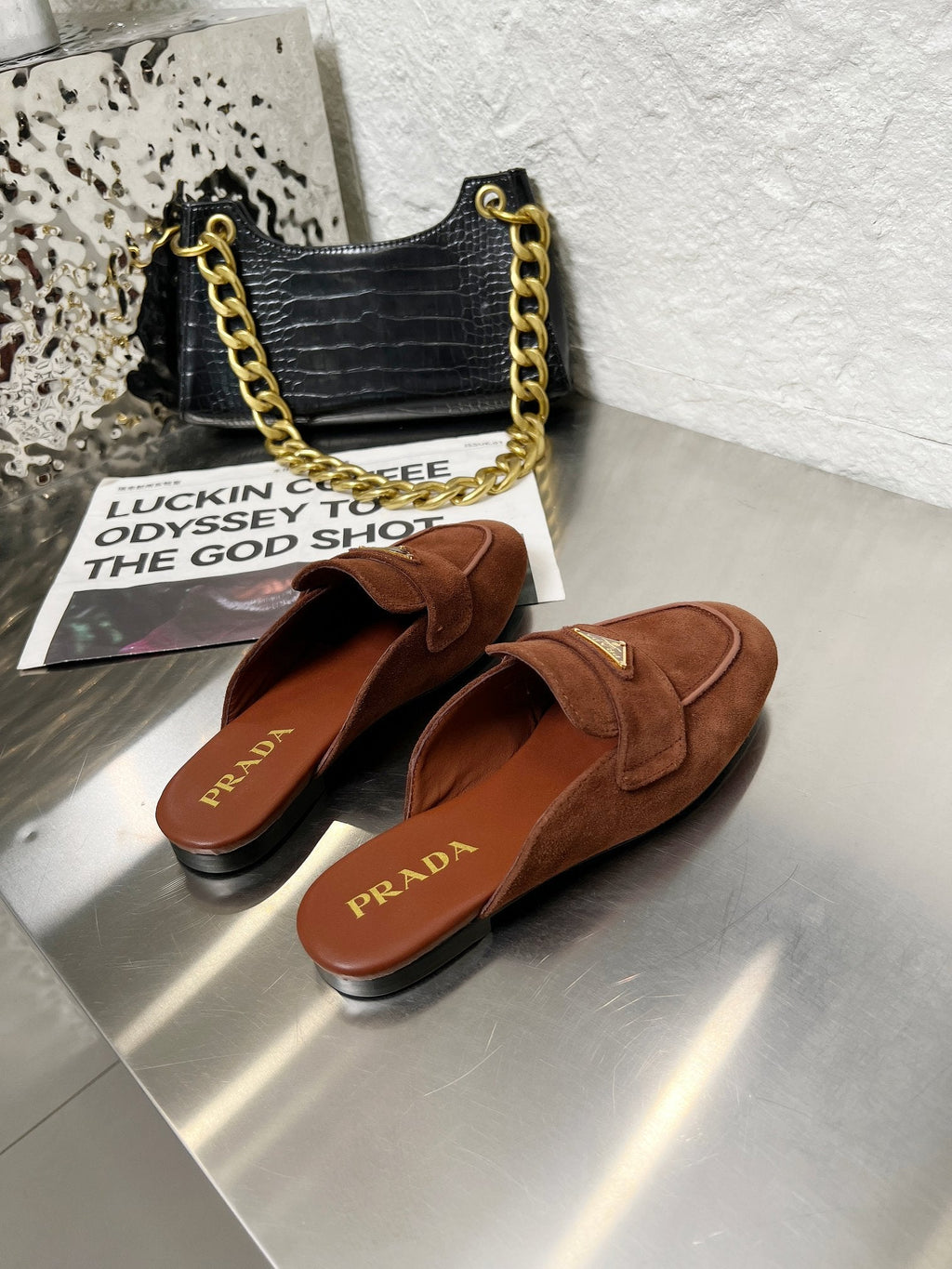 PRADA 26S MULE LOAFERS IN CHOCOLATE BROWN SUEDE WITH LOGO