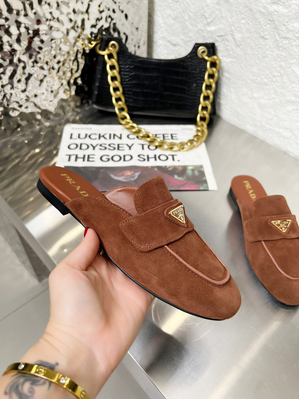 PRADA 26S MULE LOAFERS IN CHOCOLATE BROWN SUEDE WITH LOGO
