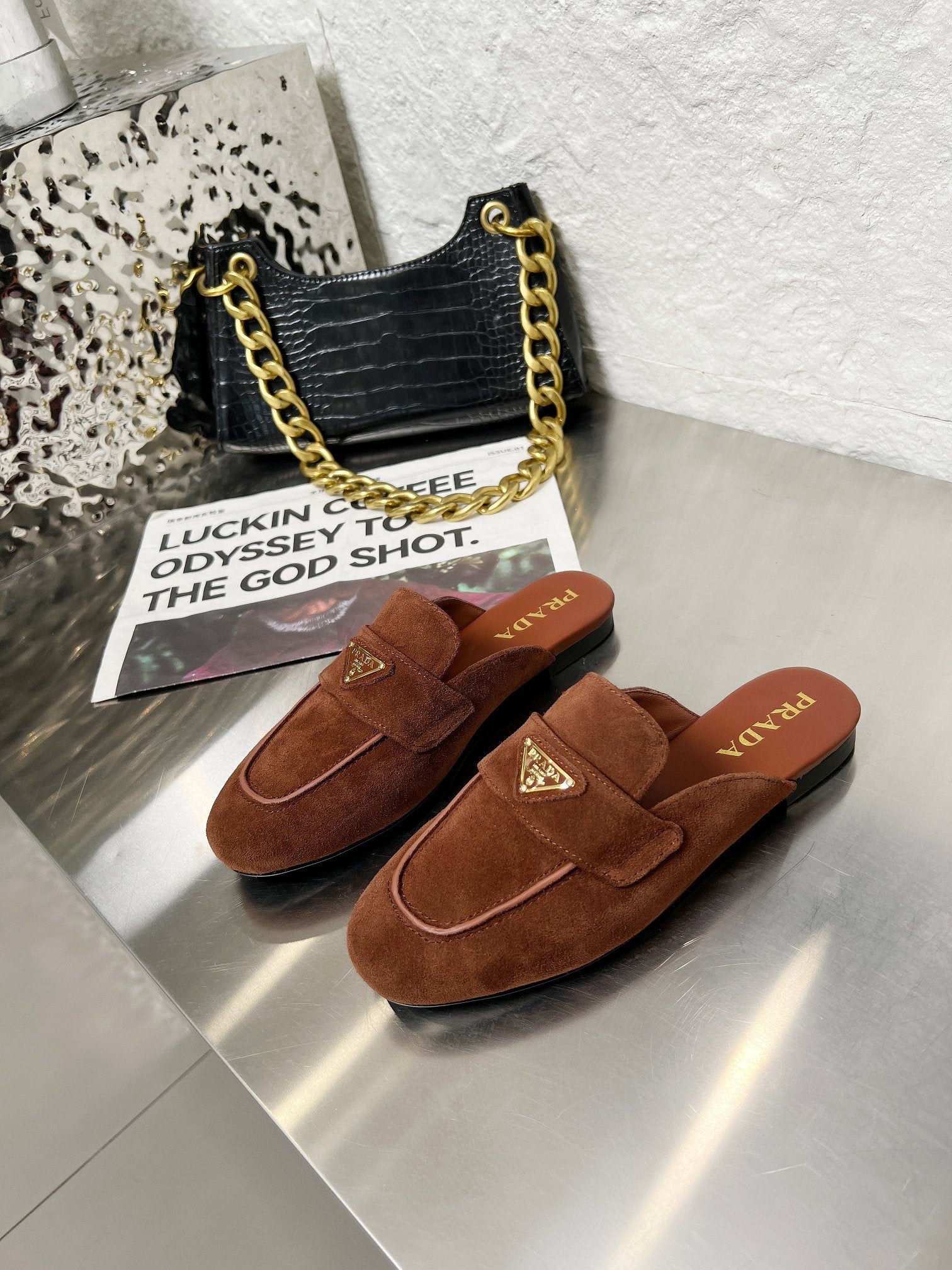 PRADA 26S MULE LOAFERS IN CHOCOLATE BROWN SUEDE WITH LOGO
