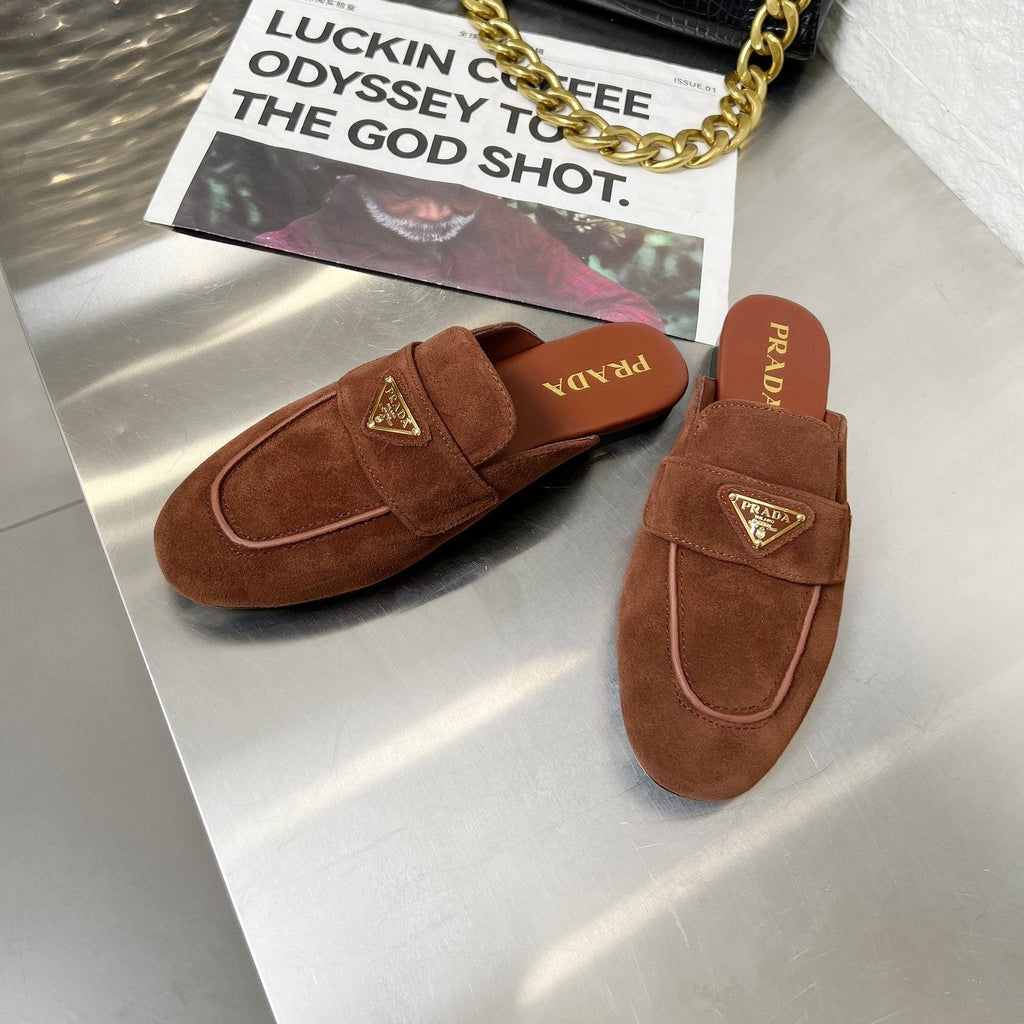 PRADA 26S MULE LOAFERS IN CHOCOLATE BROWN SUEDE WITH LOGO