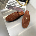 PRADA 26S MULE LOAFERS IN CHOCOLATE BROWN SUEDE WITH LOGO