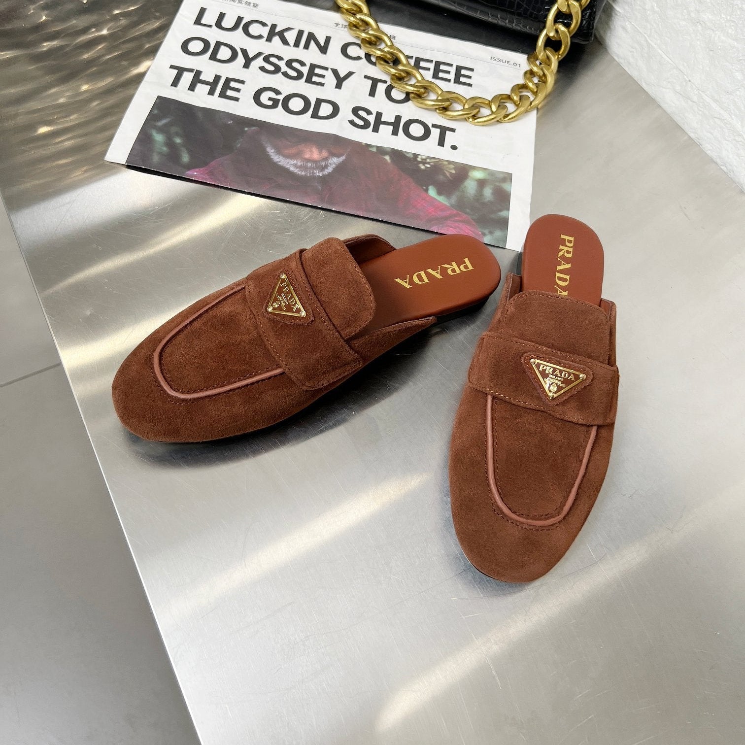 PRADA 26S MULE LOAFERS IN CHOCOLATE BROWN SUEDE WITH LOGO
