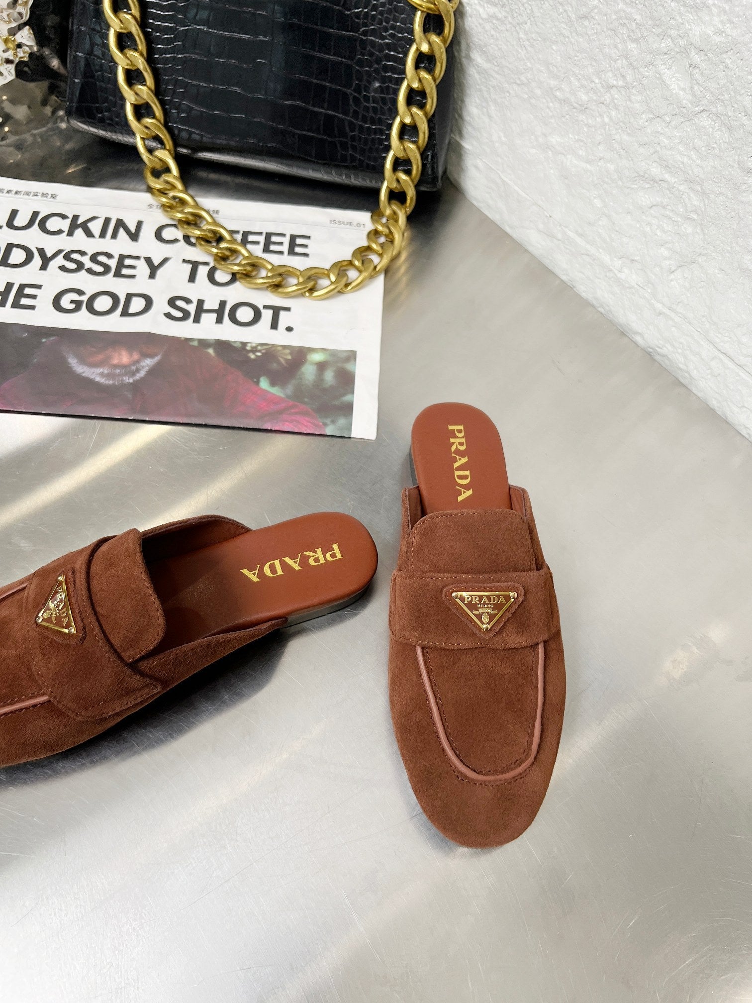 PRADA 26S MULE LOAFERS IN CHOCOLATE BROWN SUEDE WITH LOGO