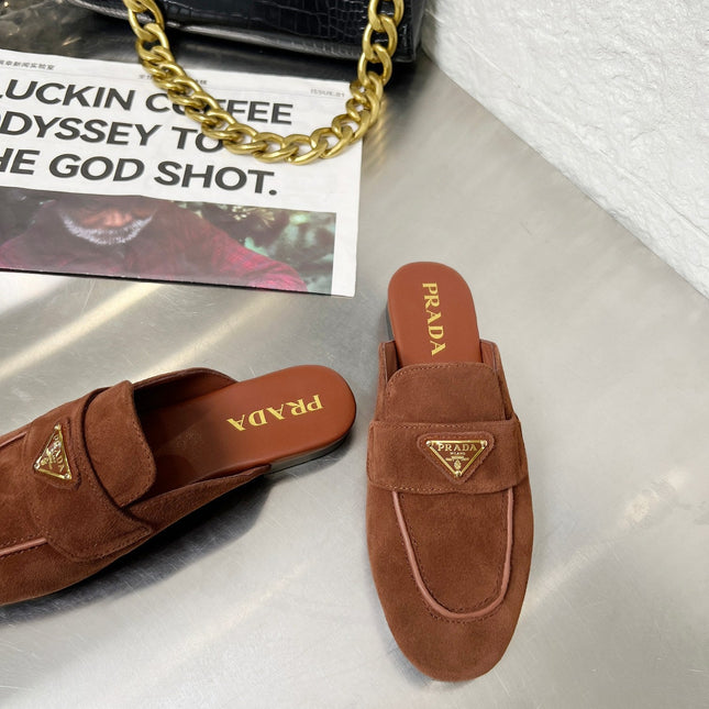 PRADA 26S MULE LOAFERS IN CHOCOLATE BROWN SUEDE WITH LOGO