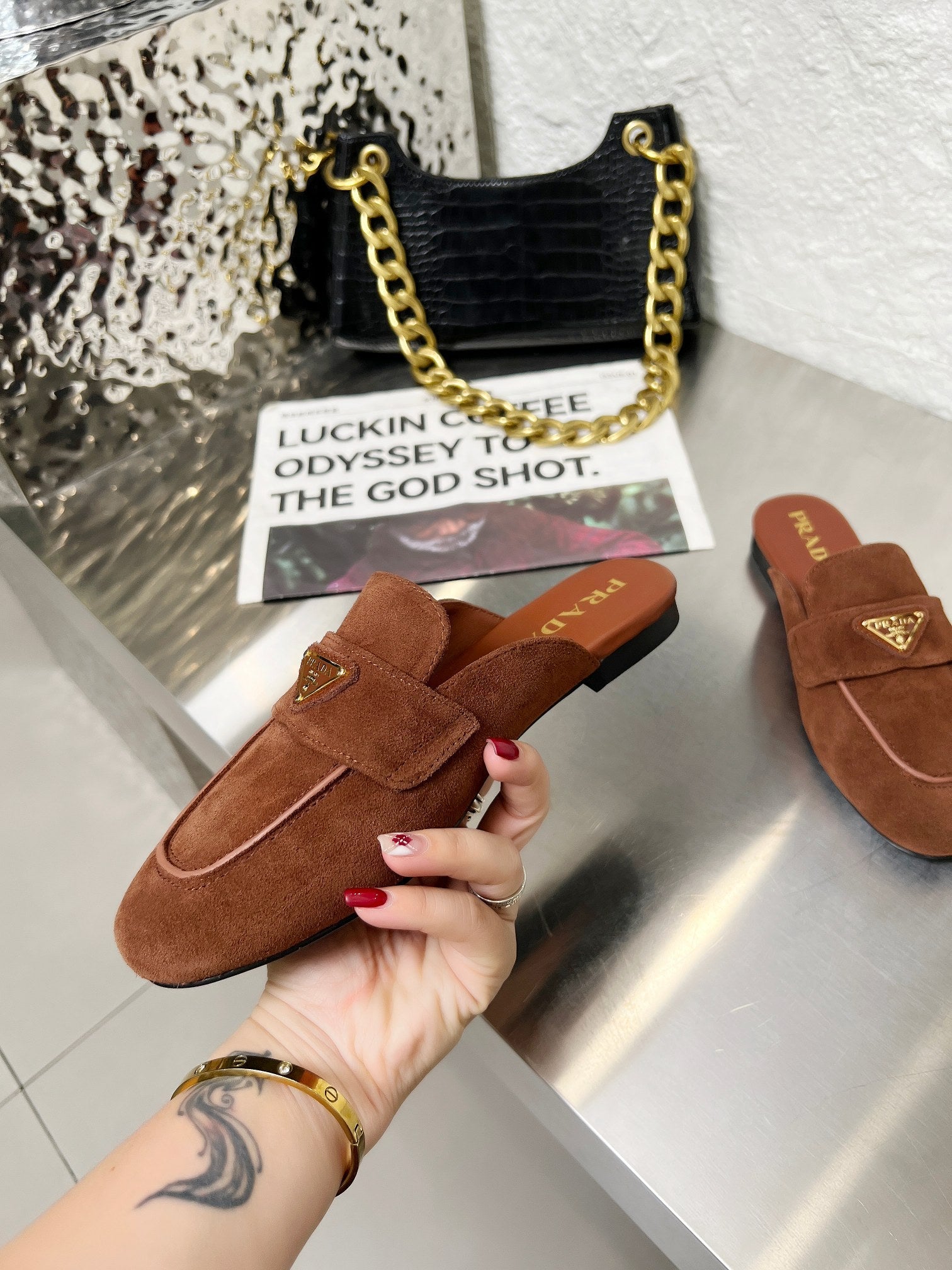 PRADA 26S MULE LOAFERS IN CHOCOLATE BROWN SUEDE WITH LOGO