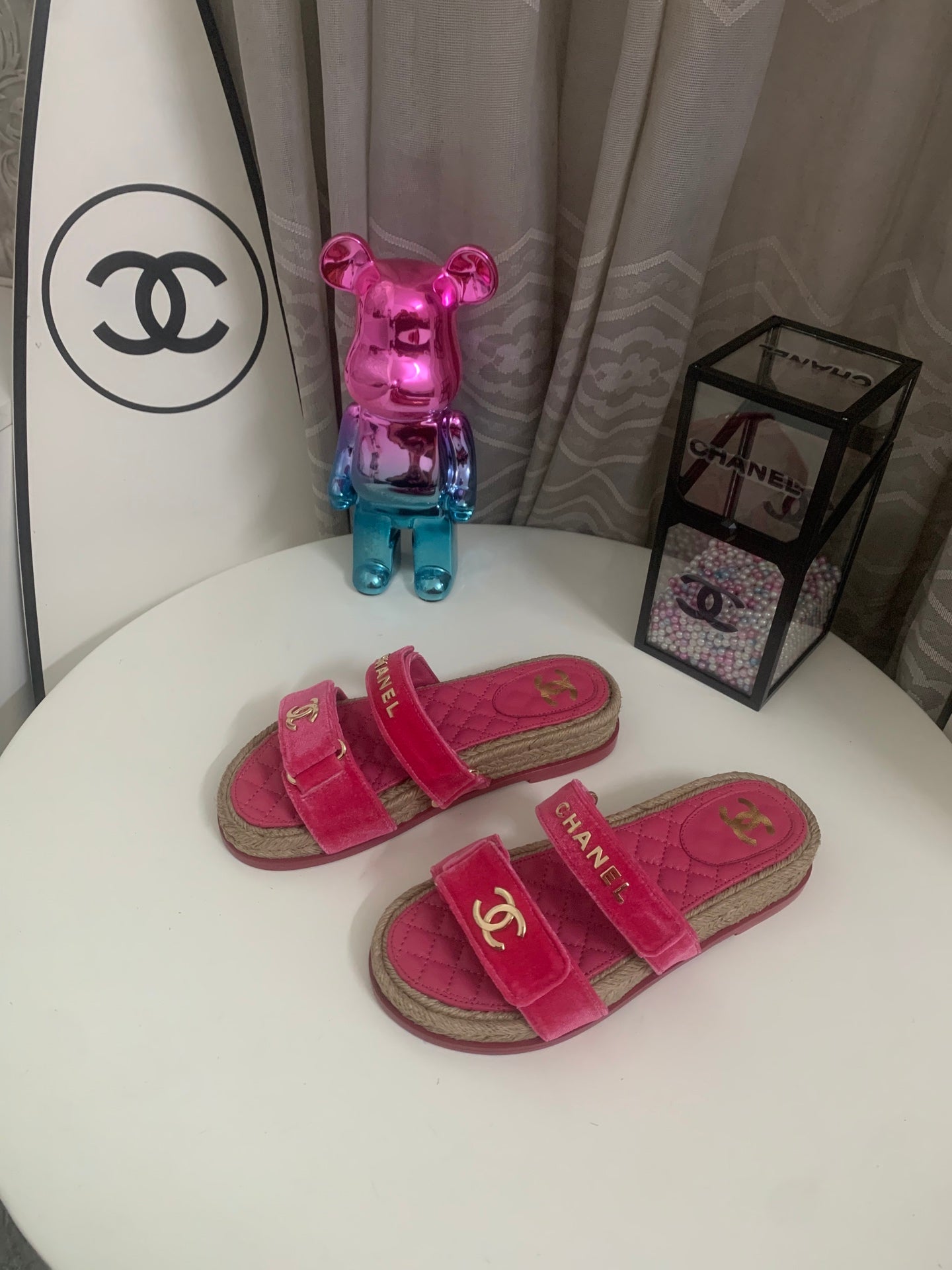 CHANEL 26S SLIDE SANDALS IN PINK VELVET AND CALFSKIN WITH ROPE SOLE GOLD HARDWARE