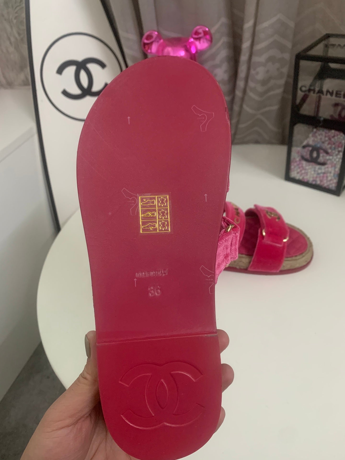 CHANEL 26S SLIDE SANDALS IN PINK VELVET AND CALFSKIN WITH ROPE SOLE GOLD HARDWARE