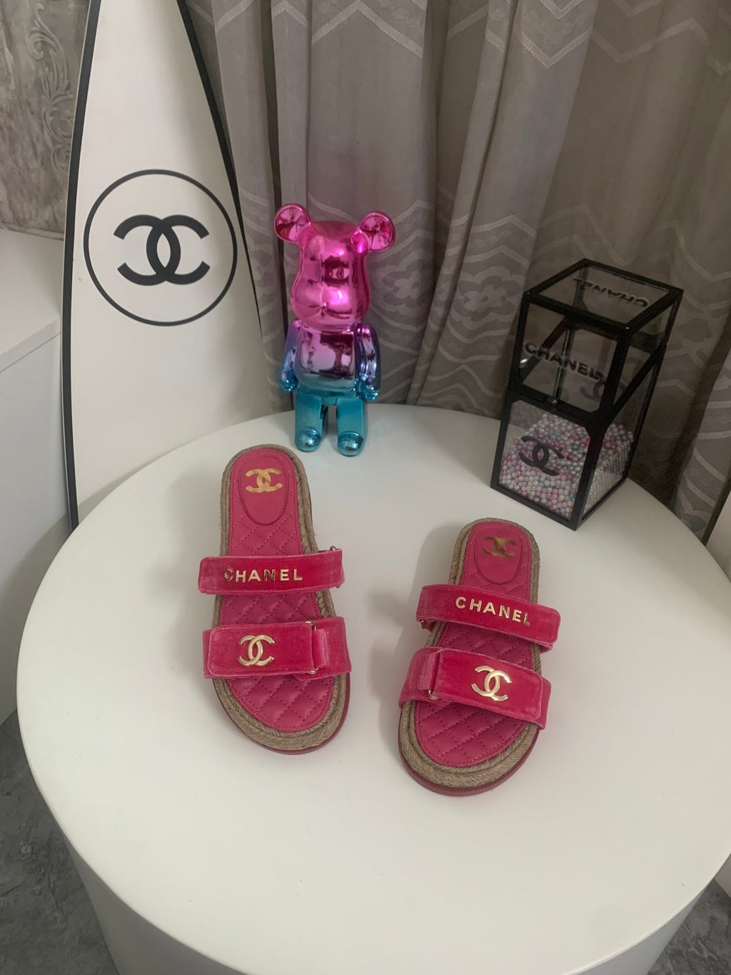 CHANEL 26S SLIDE SANDALS IN PINK VELVET AND CALFSKIN WITH ROPE SOLE GOLD HARDWARE