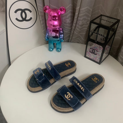 CHANEL 26S SLIDE SANDALS IN BLUE VELVET AND CALFSKIN WITH ROPE SOLE GOLD HARDWARE