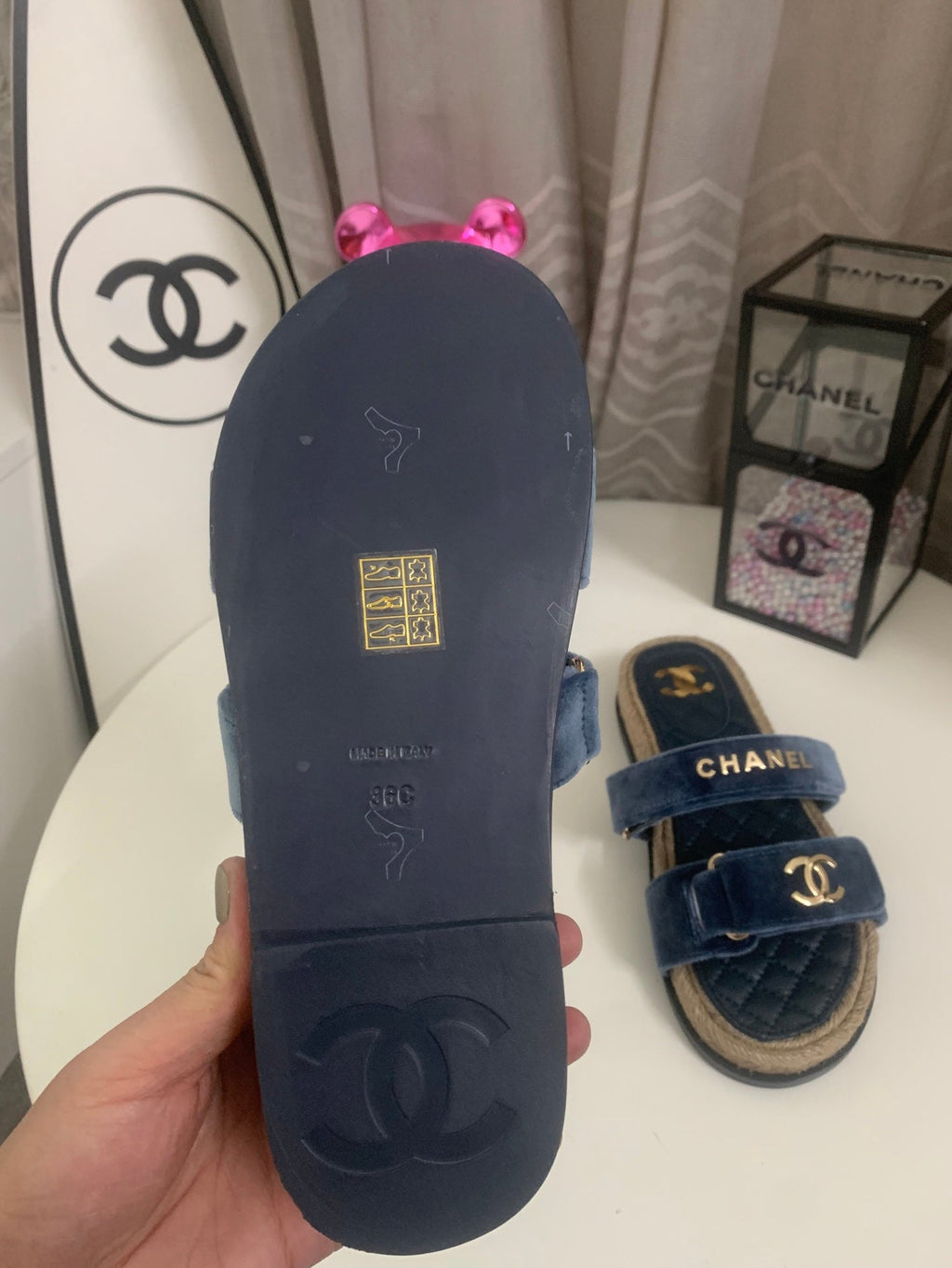 CHANEL 26S SLIDE SANDALS IN BLUE VELVET AND CALFSKIN WITH ROPE SOLE GOLD HARDWARE