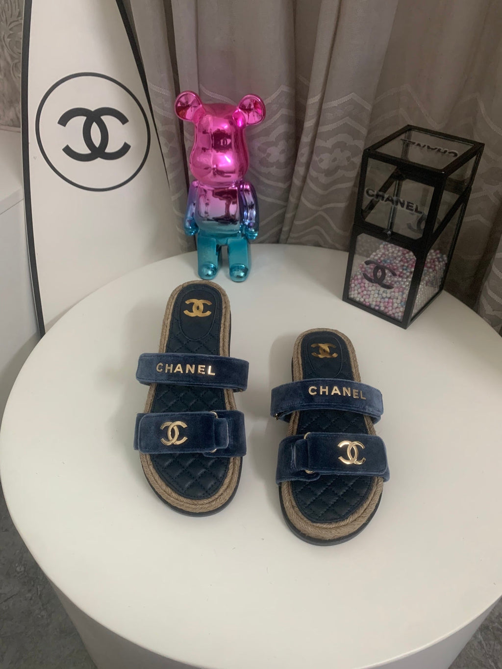 CHANEL 26S SLIDE SANDALS IN BLUE VELVET AND CALFSKIN WITH ROPE SOLE GOLD HARDWARE