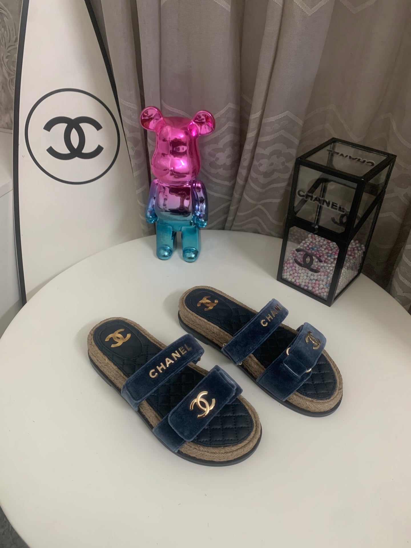 CHANEL 26S SLIDE SANDALS IN BLUE VELVET AND CALFSKIN WITH ROPE SOLE GOLD HARDWARE