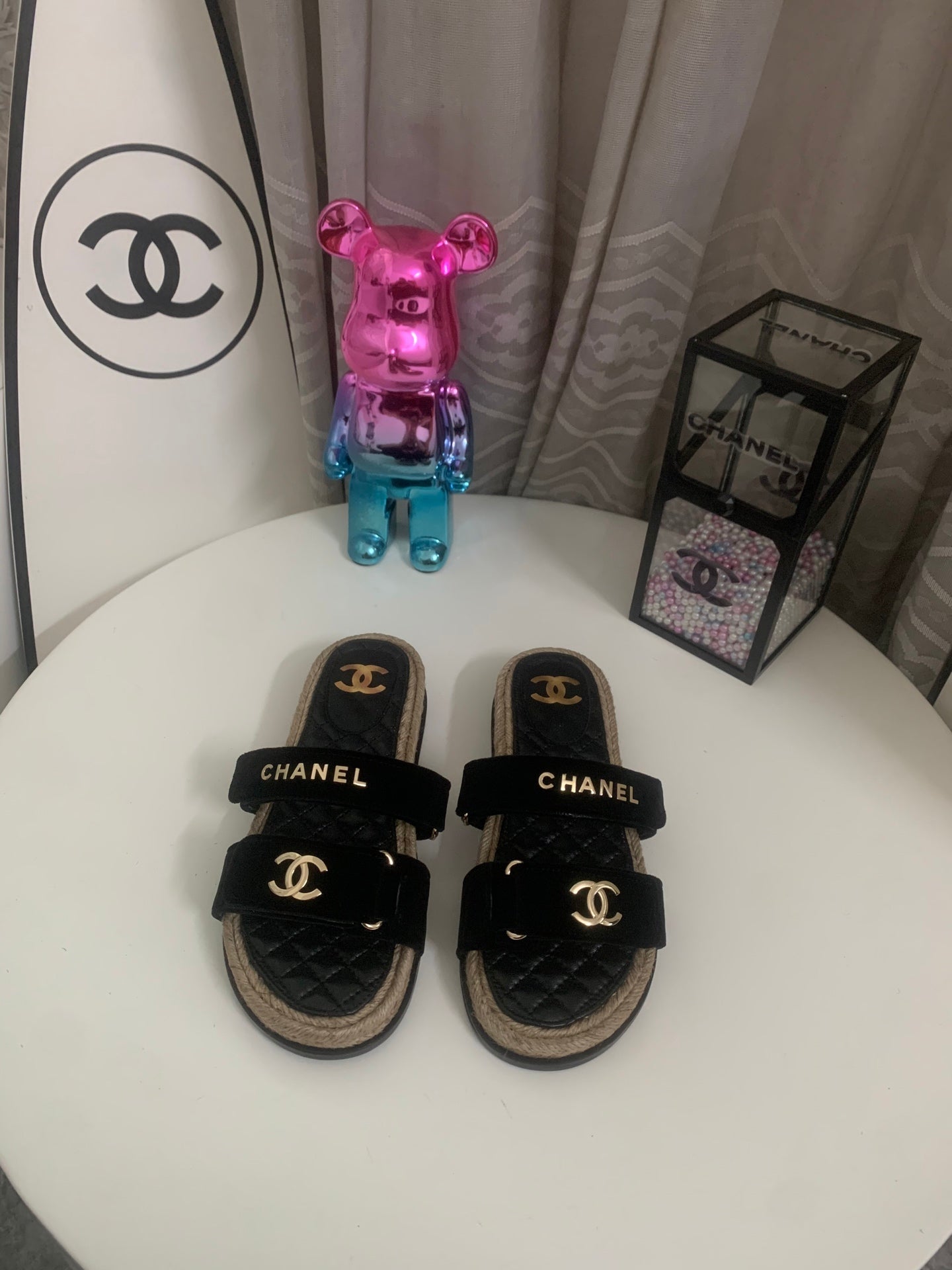 CHANEL 26S SLIDE SANDALS IN BLACK VELVET AND CALFSKIN WITH ROPE SOLE GOLD HARDWARE