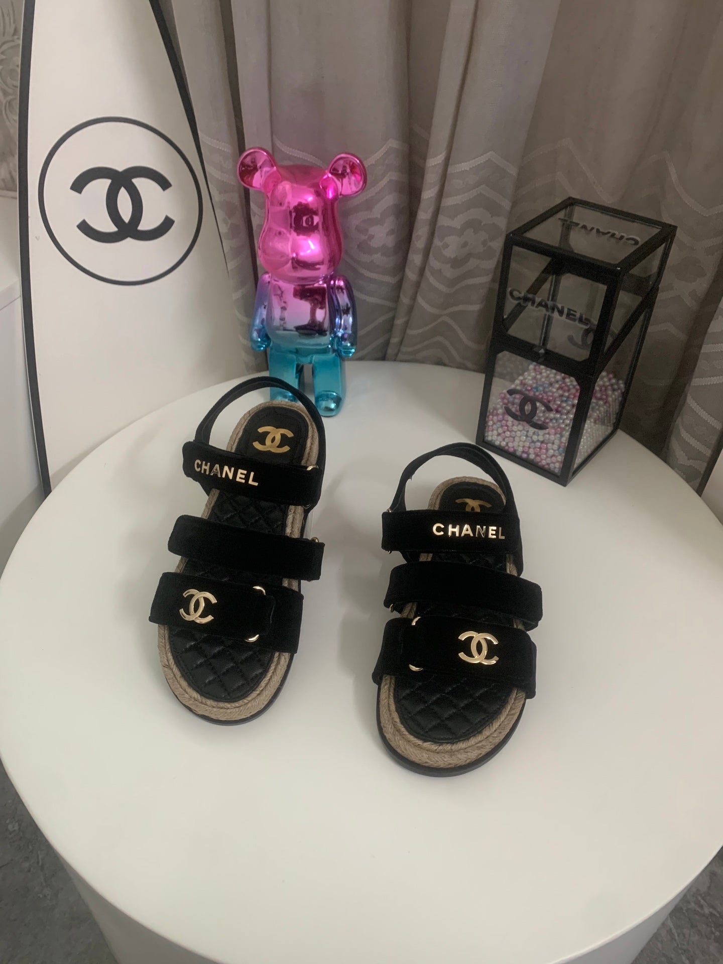 CHANEL 26S STRAPPY SANDALS IN BLACK VELVET WITH ROPE SOLE GOLD HARDWARE