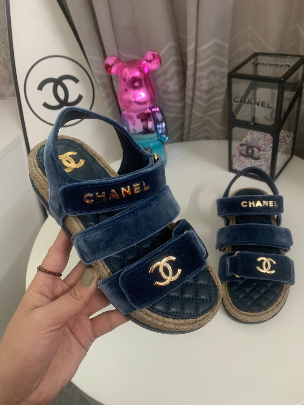 CHANEL 26S STRAPPY SANDALS IN NAVY BLUE VELVET WITH ROPE SOLE GOLD HARDWARE