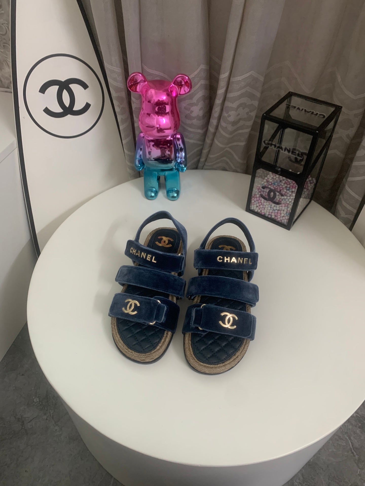 CHANEL 26S STRAPPY SANDALS IN NAVY BLUE VELVET WITH ROPE SOLE GOLD HARDWARE