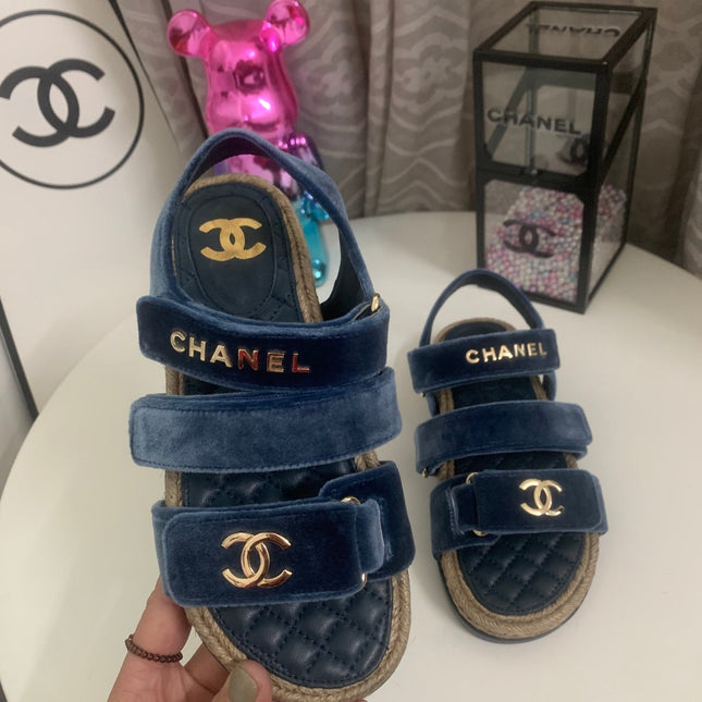 CHANEL 26S STRAPPY SANDALS IN NAVY BLUE VELVET WITH ROPE SOLE GOLD HARDWARE