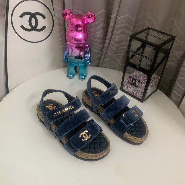 CHANEL 26S STRAPPY SANDALS IN NAVY BLUE VELVET WITH ROPE SOLE GOLD HARDWARE