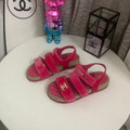 CHANEL 26S STRAPPY SANDALS IN PINK VELVET WITH ROPE SOLE GOLD HARDWARE