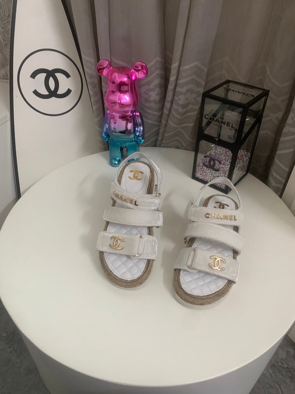 CHANEL 26S STRAPPY SANDALS IN WHITE VELVET WITH ROPE SOLE GOLD HARDWARE
