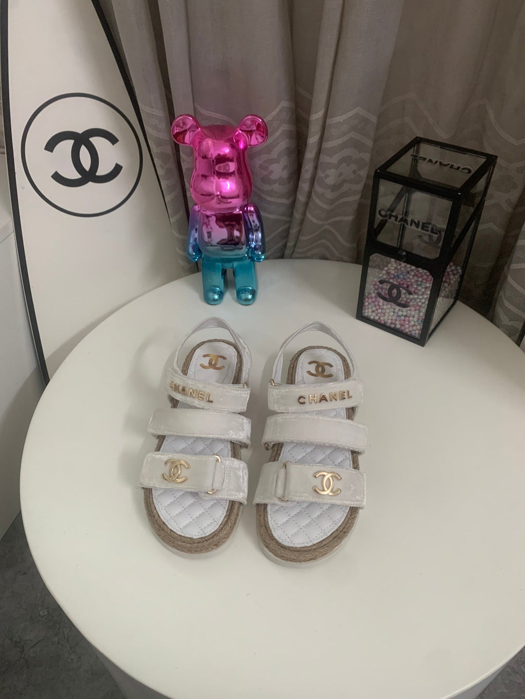 CHANEL 26S STRAPPY SANDALS IN WHITE VELVET WITH ROPE SOLE GOLD HARDWARE