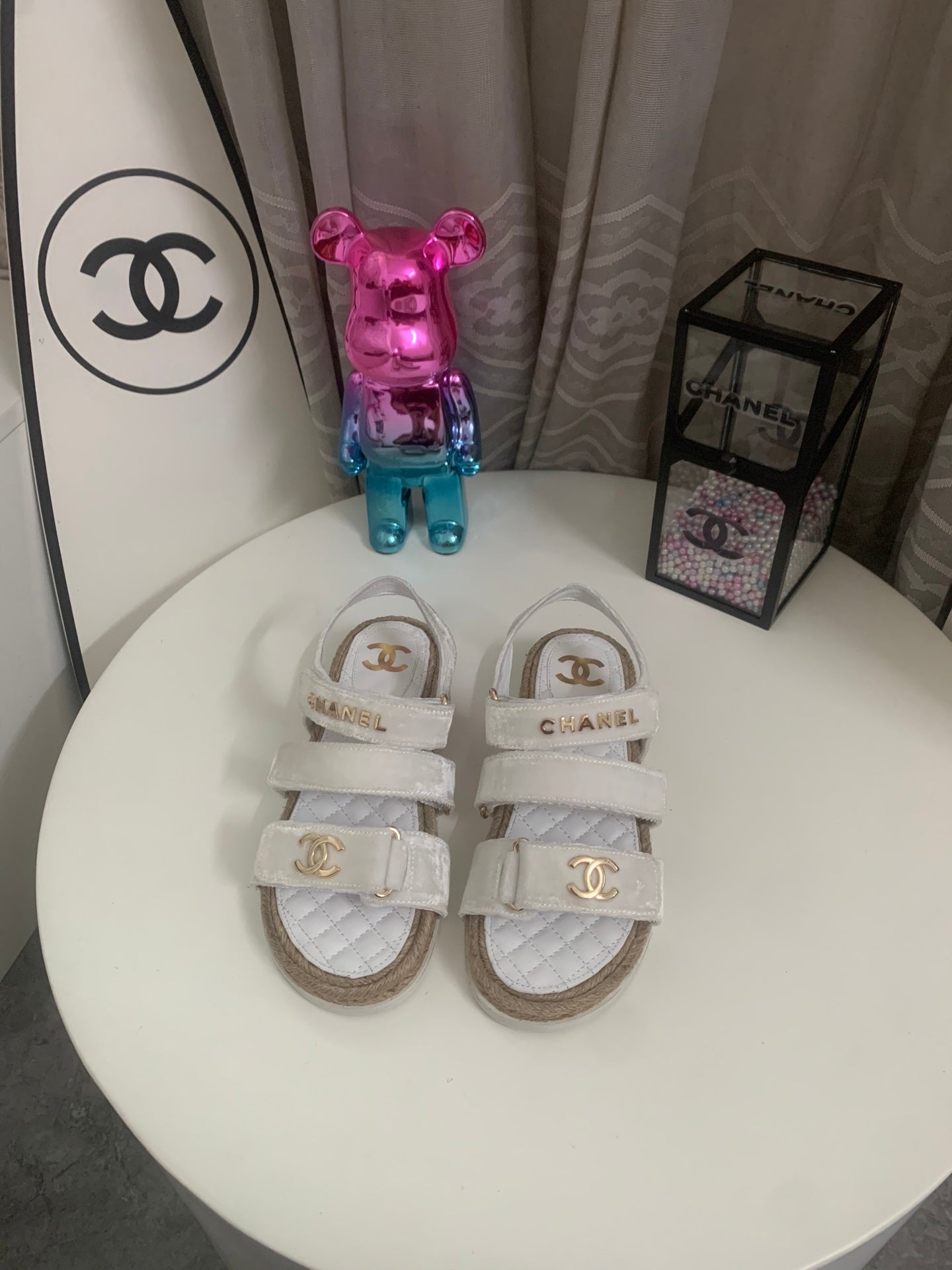 CHANEL 26S STRAPPY SANDALS IN WHITE VELVET WITH ROPE SOLE GOLD HARDWARE