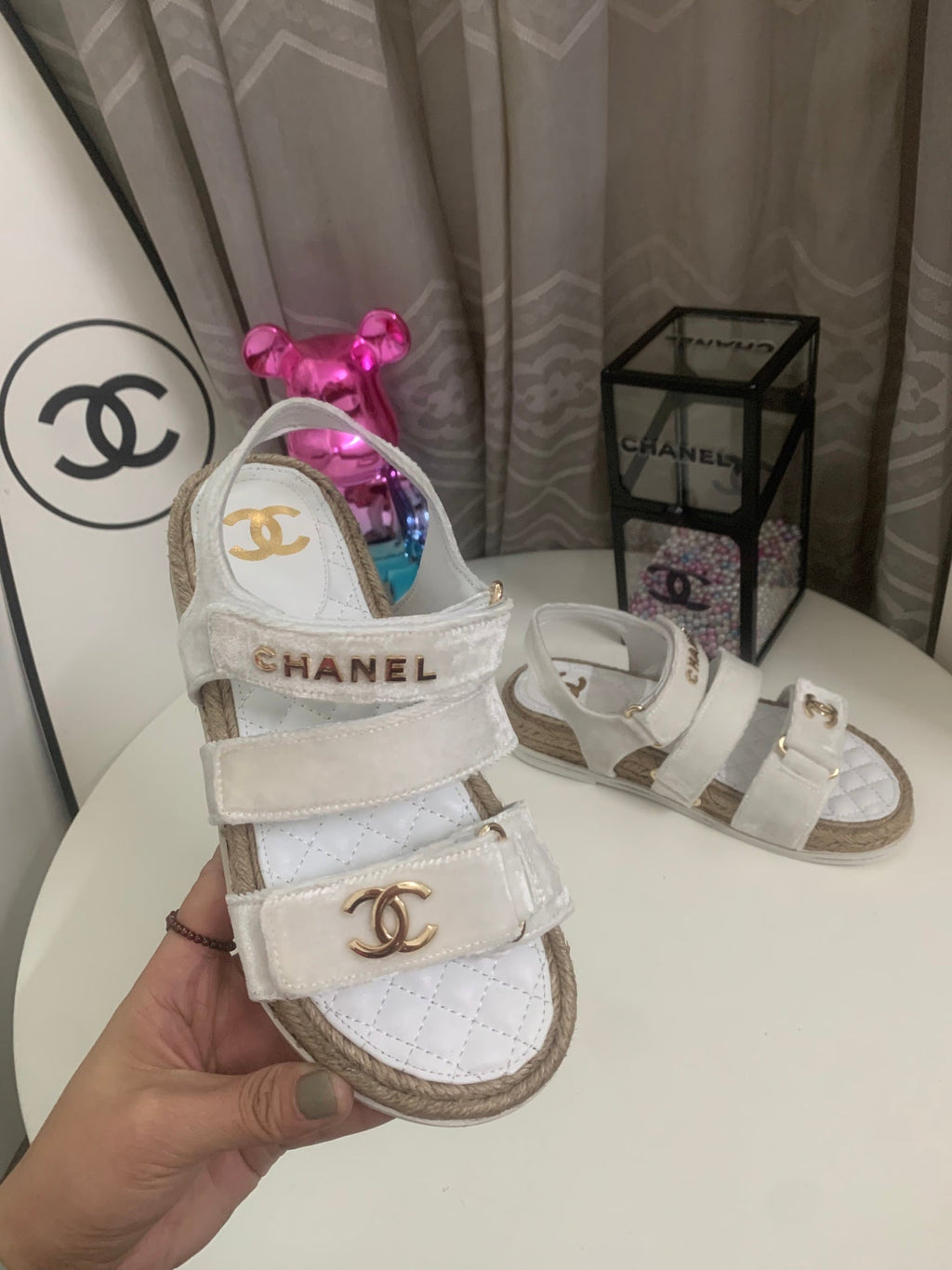 CHANEL 26S STRAPPY SANDALS IN WHITE VELVET WITH ROPE SOLE GOLD HARDWARE