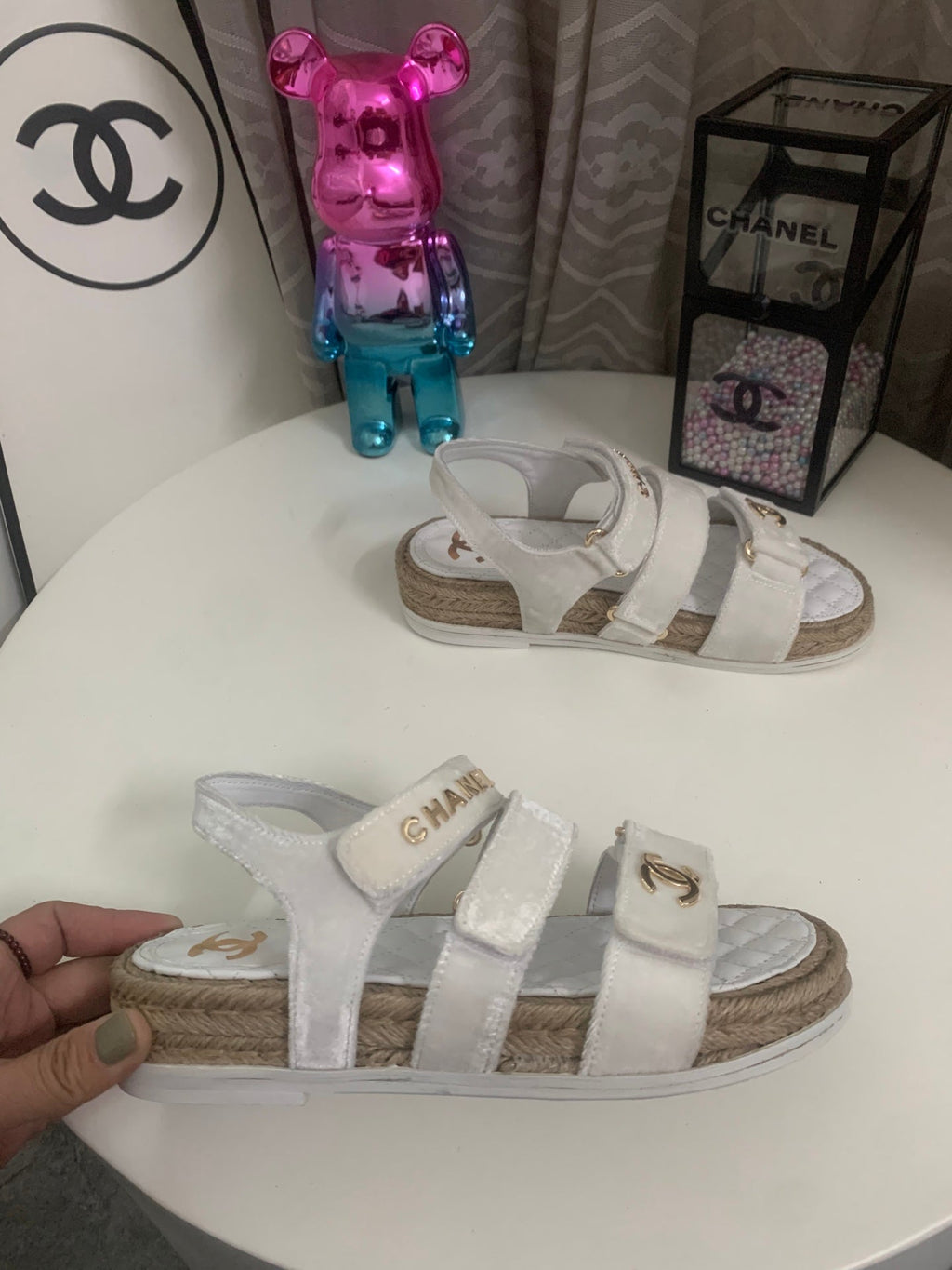 CHANEL 26S STRAPPY SANDALS IN WHITE VELVET WITH ROPE SOLE GOLD HARDWARE