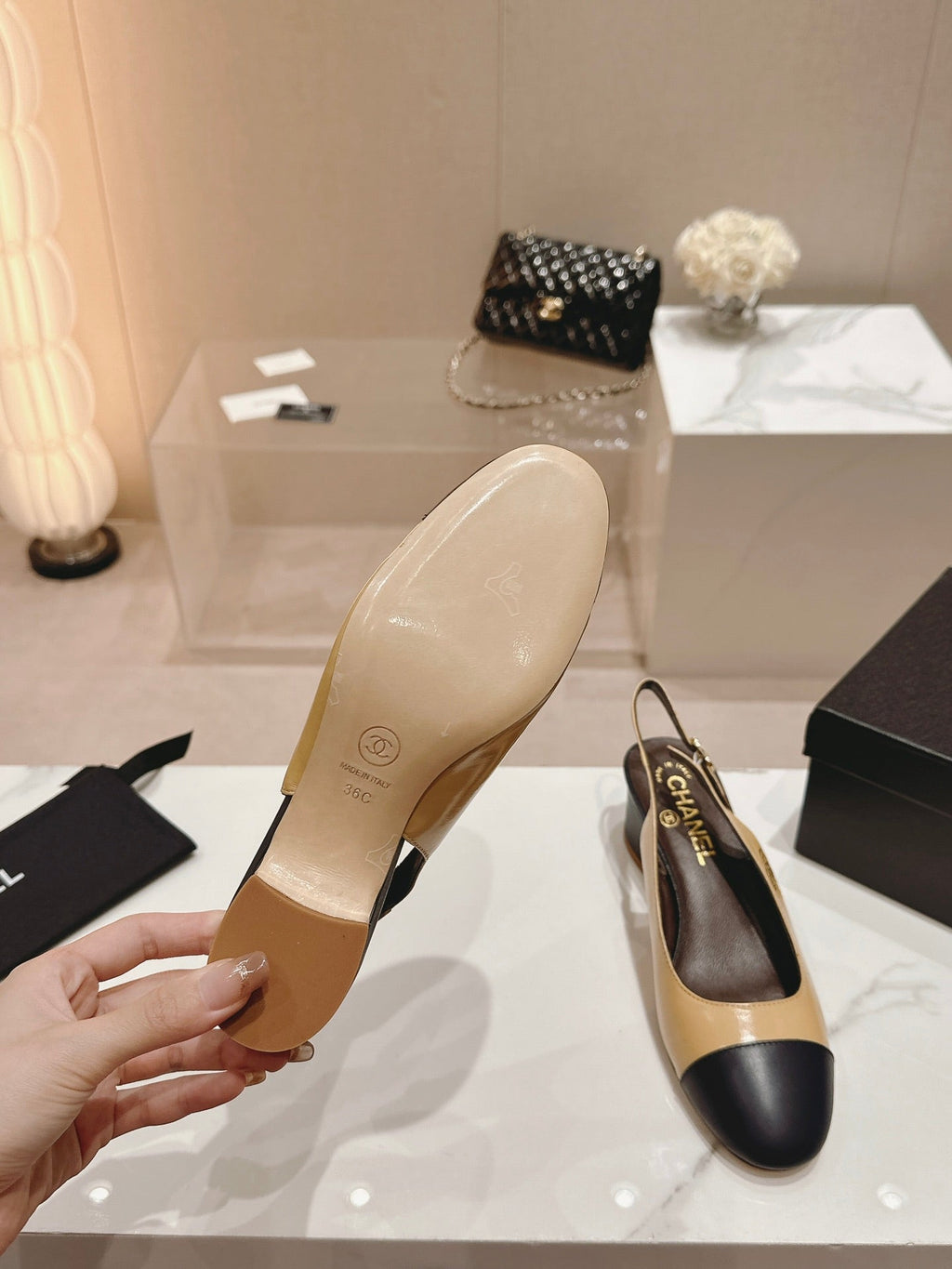 SLINGBACKS PEANUT BROWN MIX BLACK SHEEPSKIN