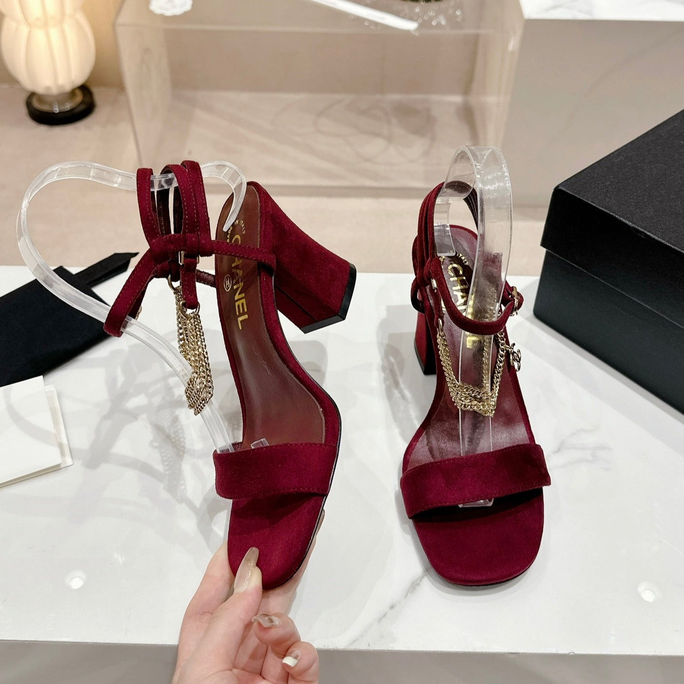 Double C Leather High Heel Sandals Red Cherry