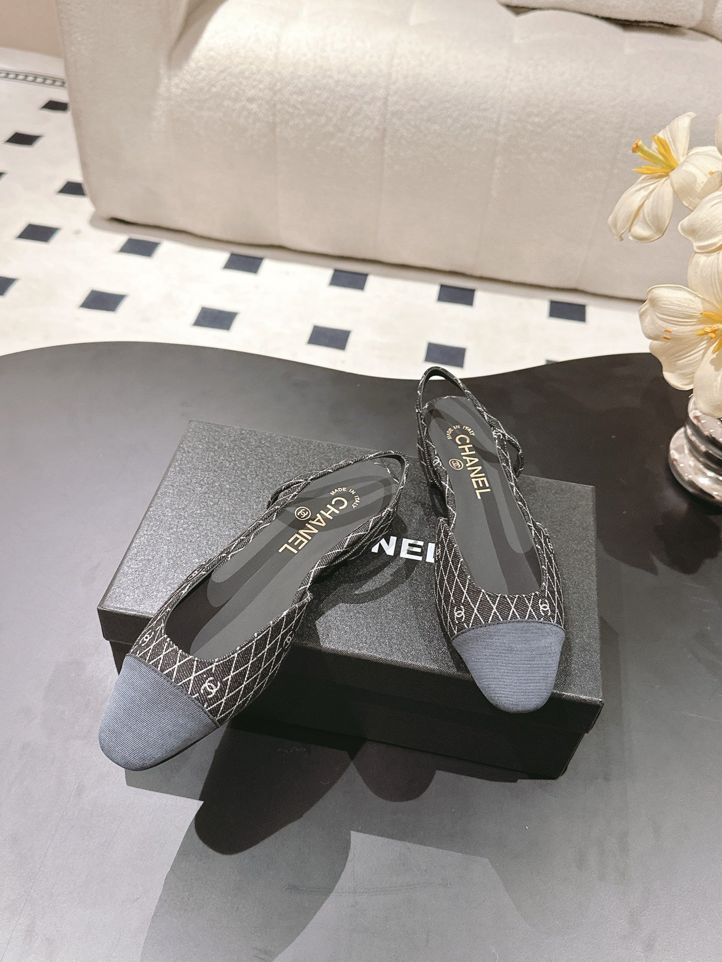 CC SLINGBACK 25S 25 MM IN BLACK DENIM WITH PLAID PATTERN