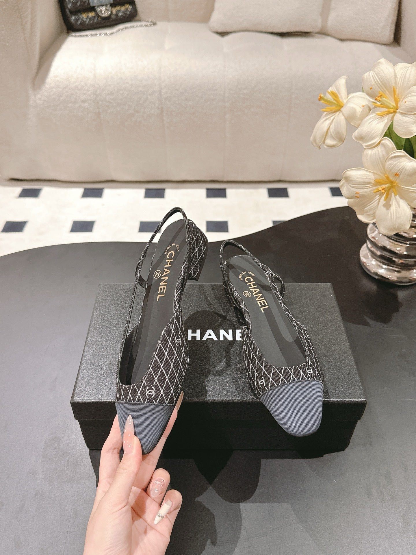 CC SLINGBACK 25S 25 MM IN BLACK DENIM WITH PLAID PATTERN