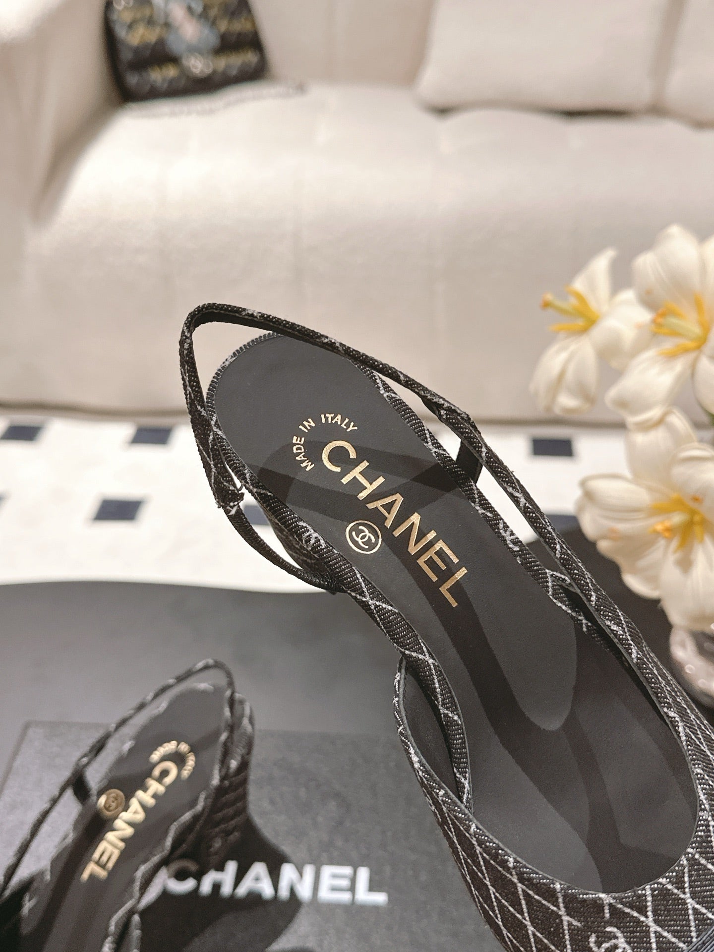CC SLINGBACK 25S 65 MM IN BLACK DENIM WITH PLAID PATTERN