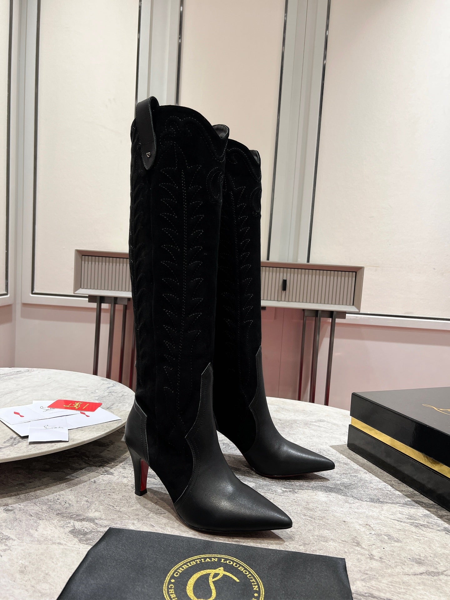 CHRISTIAN LOUBOUTIN SANTIA BOTTA 85MM BOOT IN BLACK CALFSKIN AND SUEDE