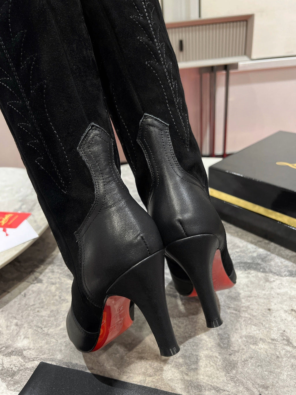 CHRISTIAN LOUBOUTIN SANTIA BOTTA 85MM BOOT IN BLACK CALFSKIN AND SUEDE