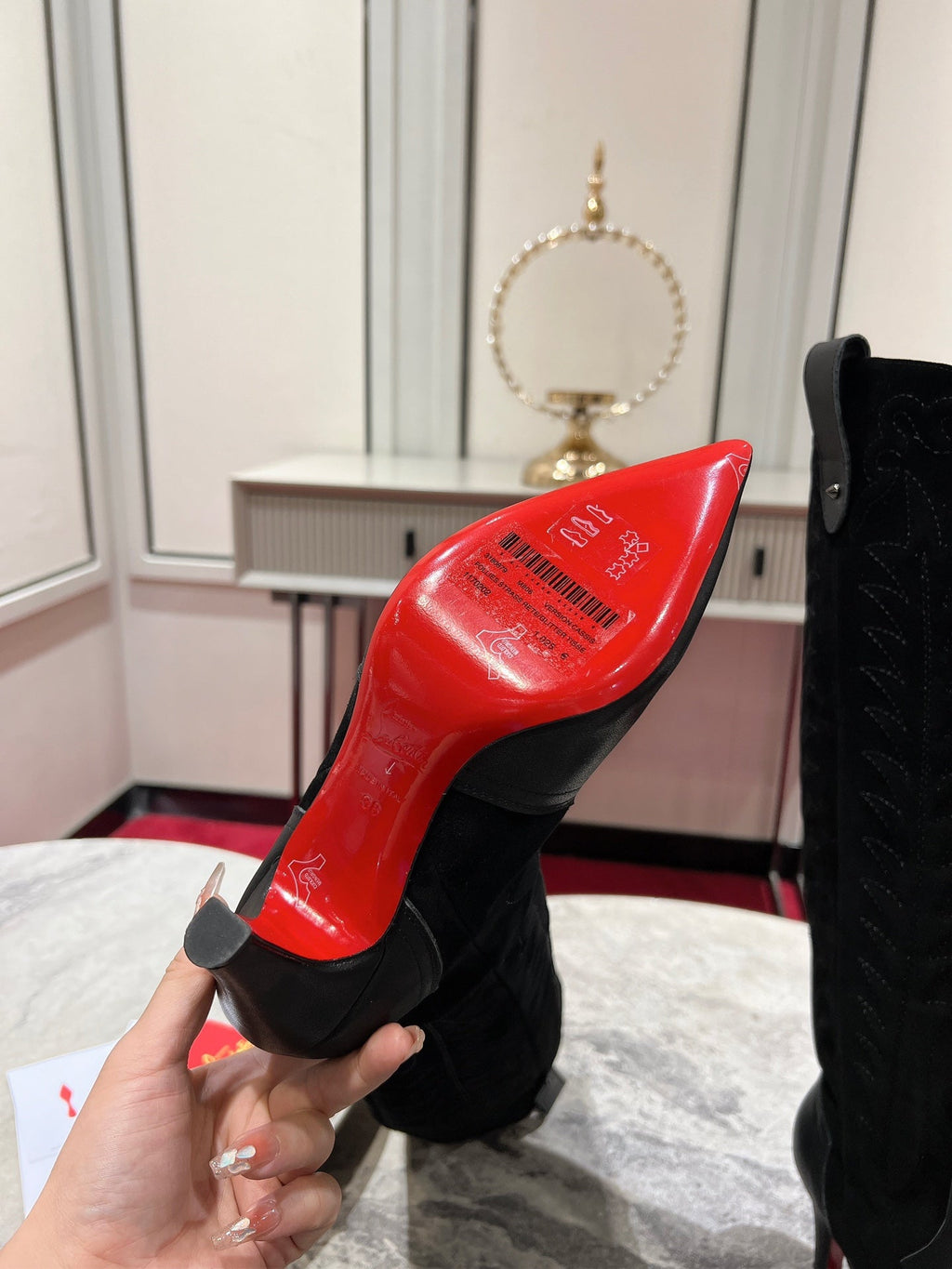CHRISTIAN LOUBOUTIN SANTIA BOTTA 85MM BOOT IN BLACK CALFSKIN AND SUEDE