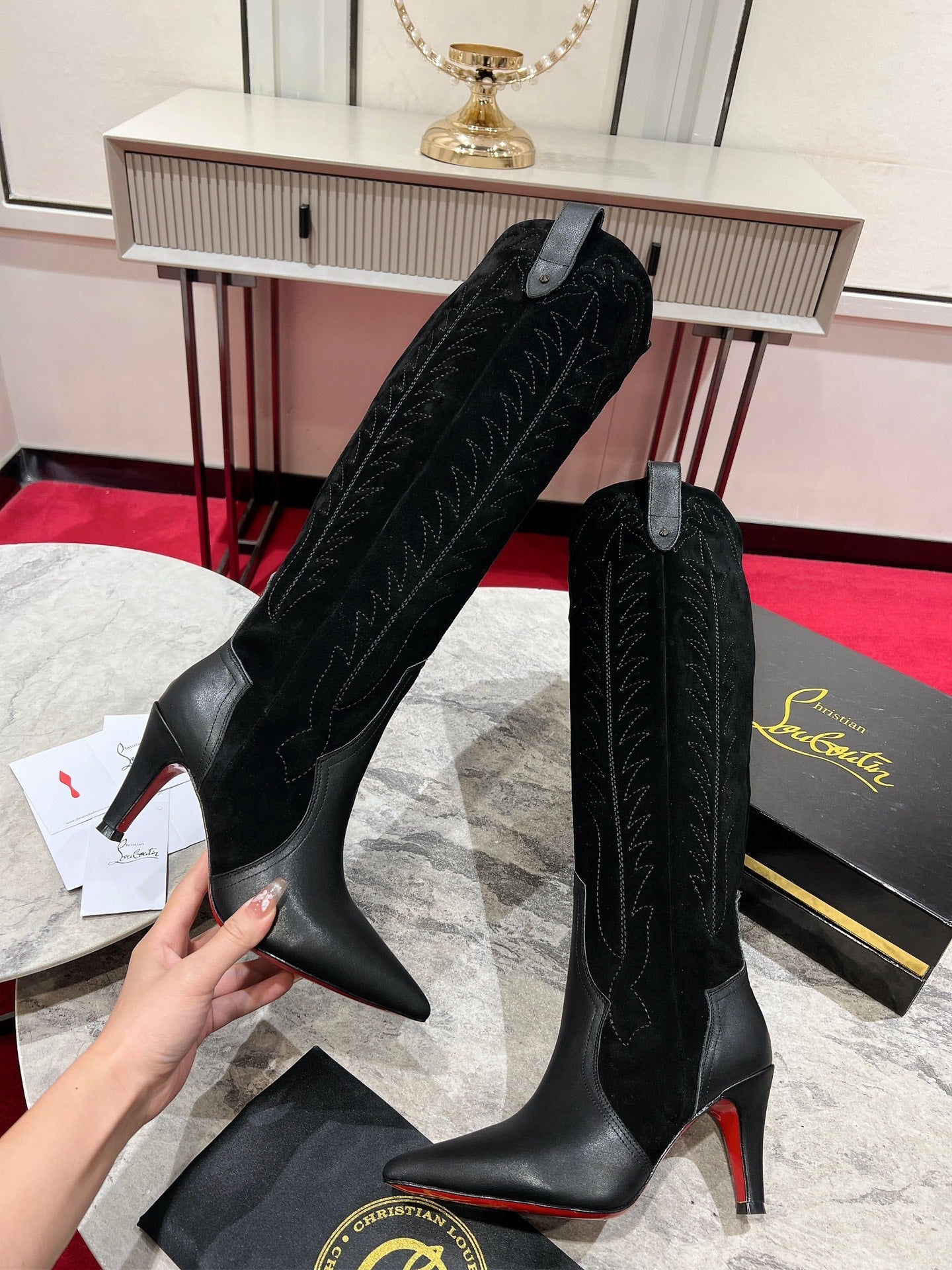 CHRISTIAN LOUBOUTIN SANTIA BOTTA 85MM BOOT IN BLACK CALFSKIN AND SUEDE