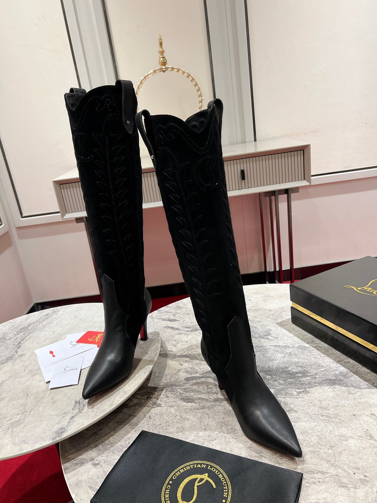 CHRISTIAN LOUBOUTIN SANTIA BOTTA 85MM BOOT IN BLACK CALFSKIN AND SUEDE