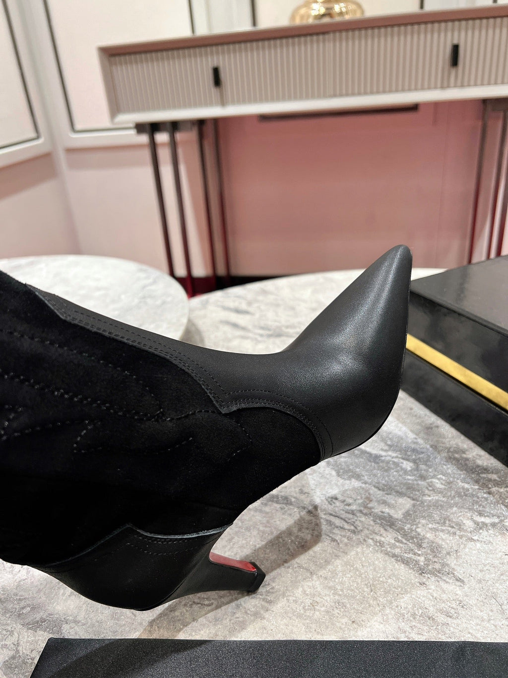 CHRISTIAN LOUBOUTIN SANTIA BOTTA 85MM BOOT IN BLACK CALFSKIN AND SUEDE