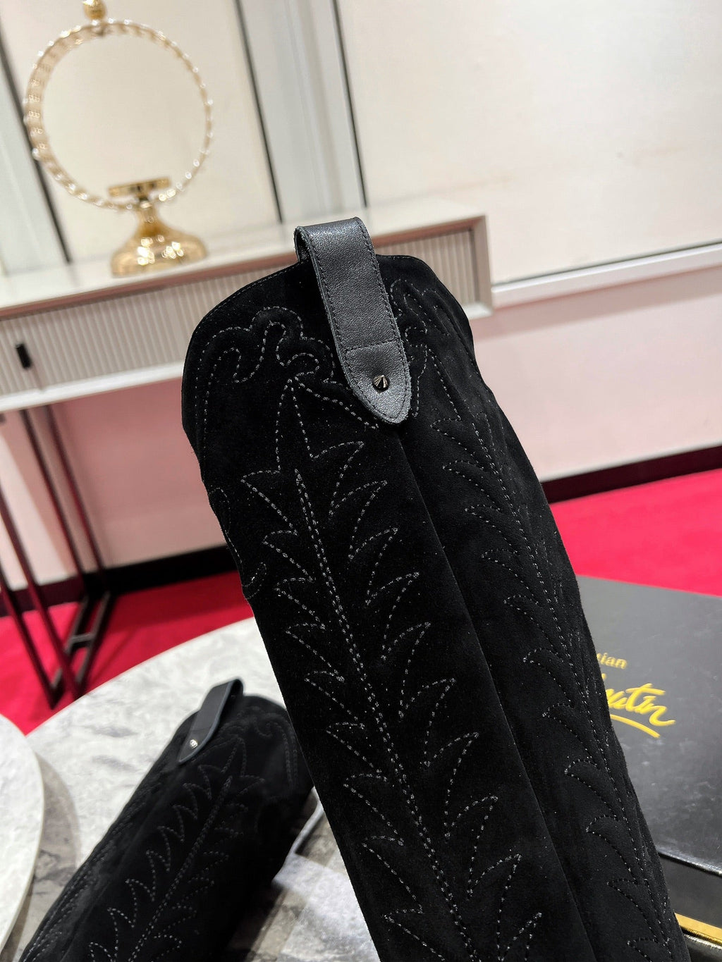 CHRISTIAN LOUBOUTIN SANTIA BOTTA 85MM BOOT IN BLACK CALFSKIN AND SUEDE