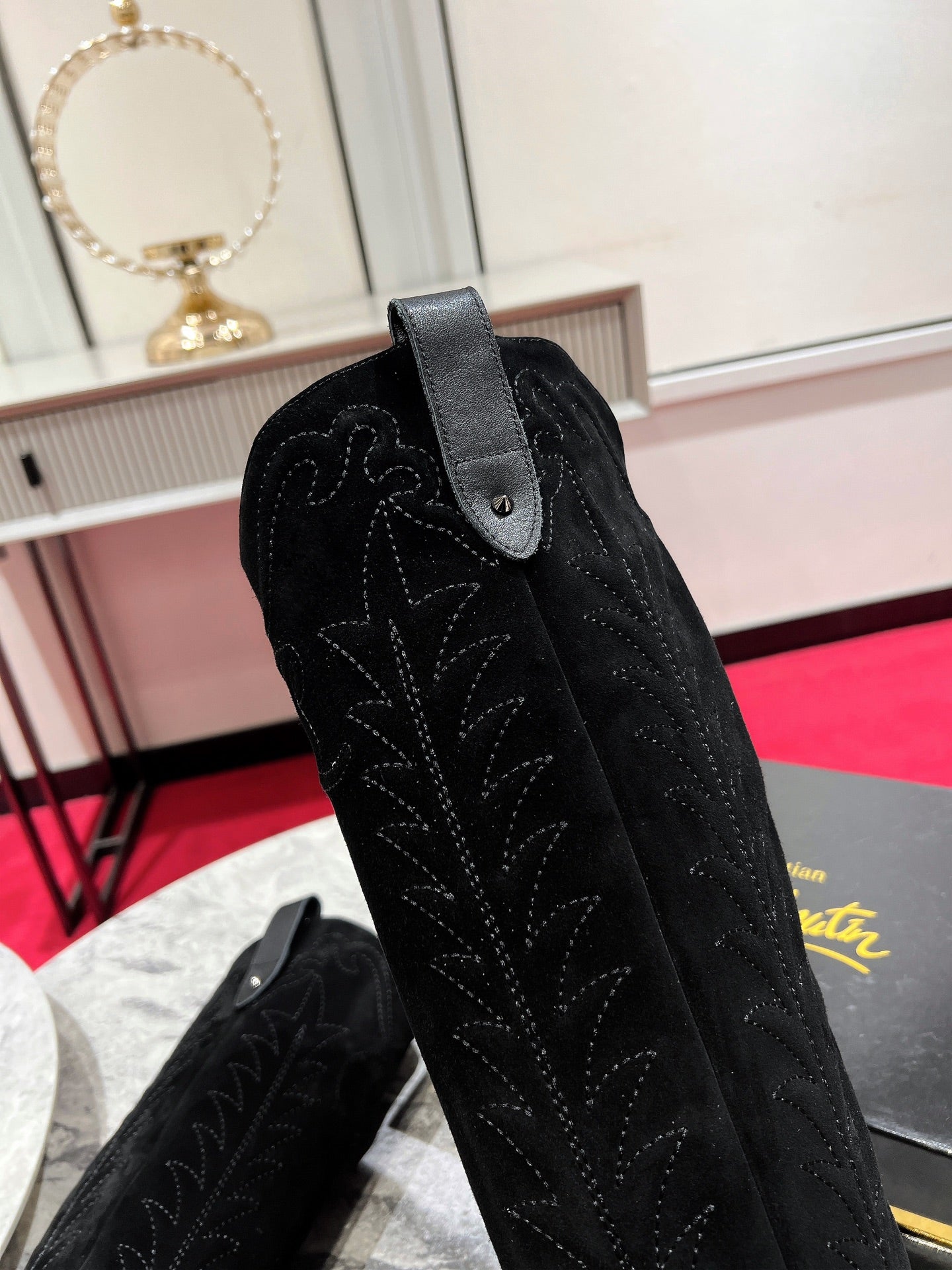 CHRISTIAN LOUBOUTIN SANTIA BOTTA 85MM BOOT IN BLACK CALFSKIN AND SUEDE