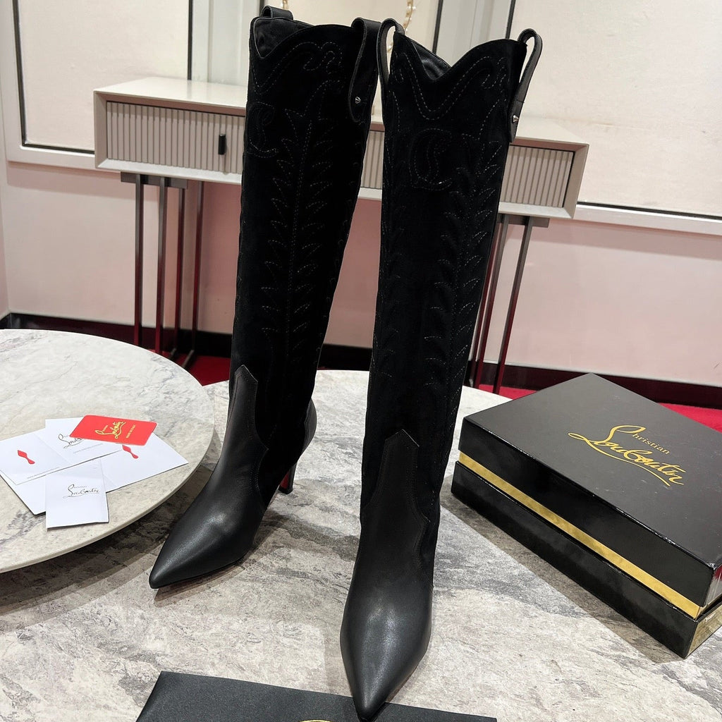 CHRISTIAN LOUBOUTIN SANTIA BOTTA 85MM BOOT IN BLACK CALFSKIN AND SUEDE