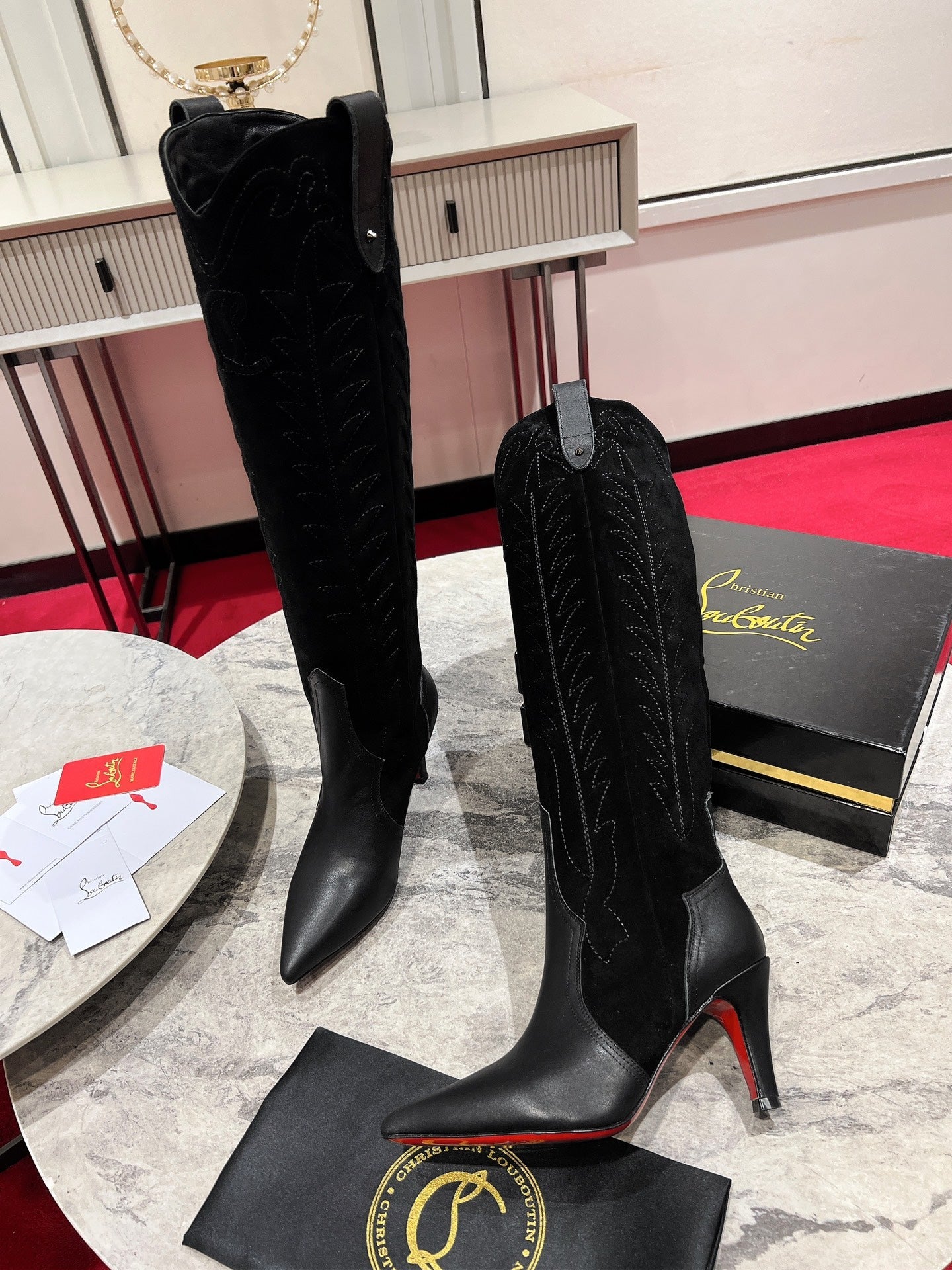 CHRISTIAN LOUBOUTIN SANTIA BOTTA 85MM BOOT IN BLACK CALFSKIN AND SUEDE