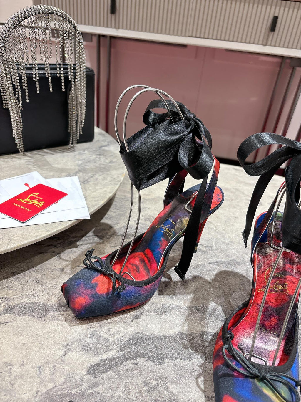 CASSIA LACE UP 100MM IN RED AND MULTICOLOR SATIN