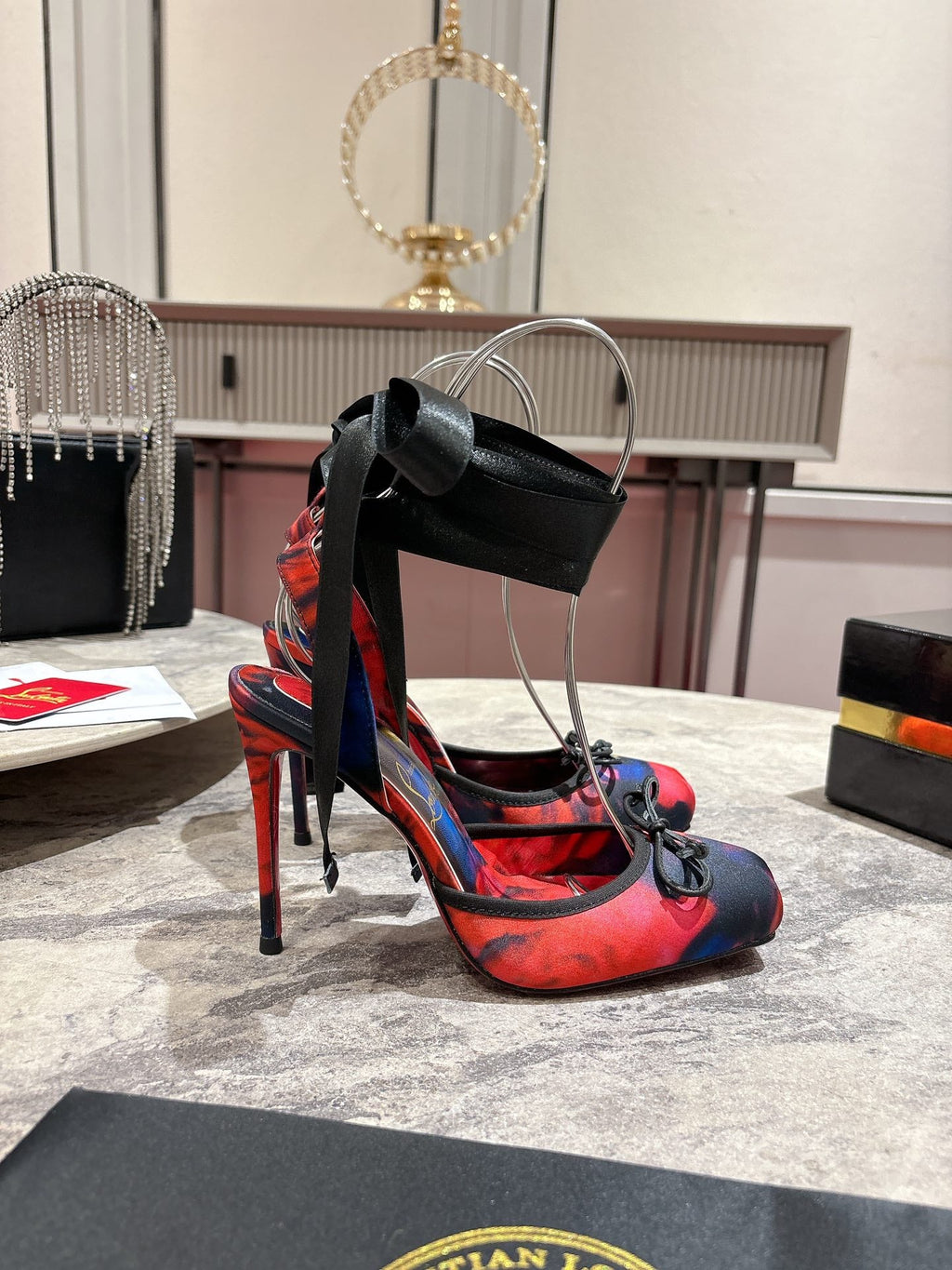 CASSIA LACE UP 100MM IN RED AND MULTICOLOR SATIN