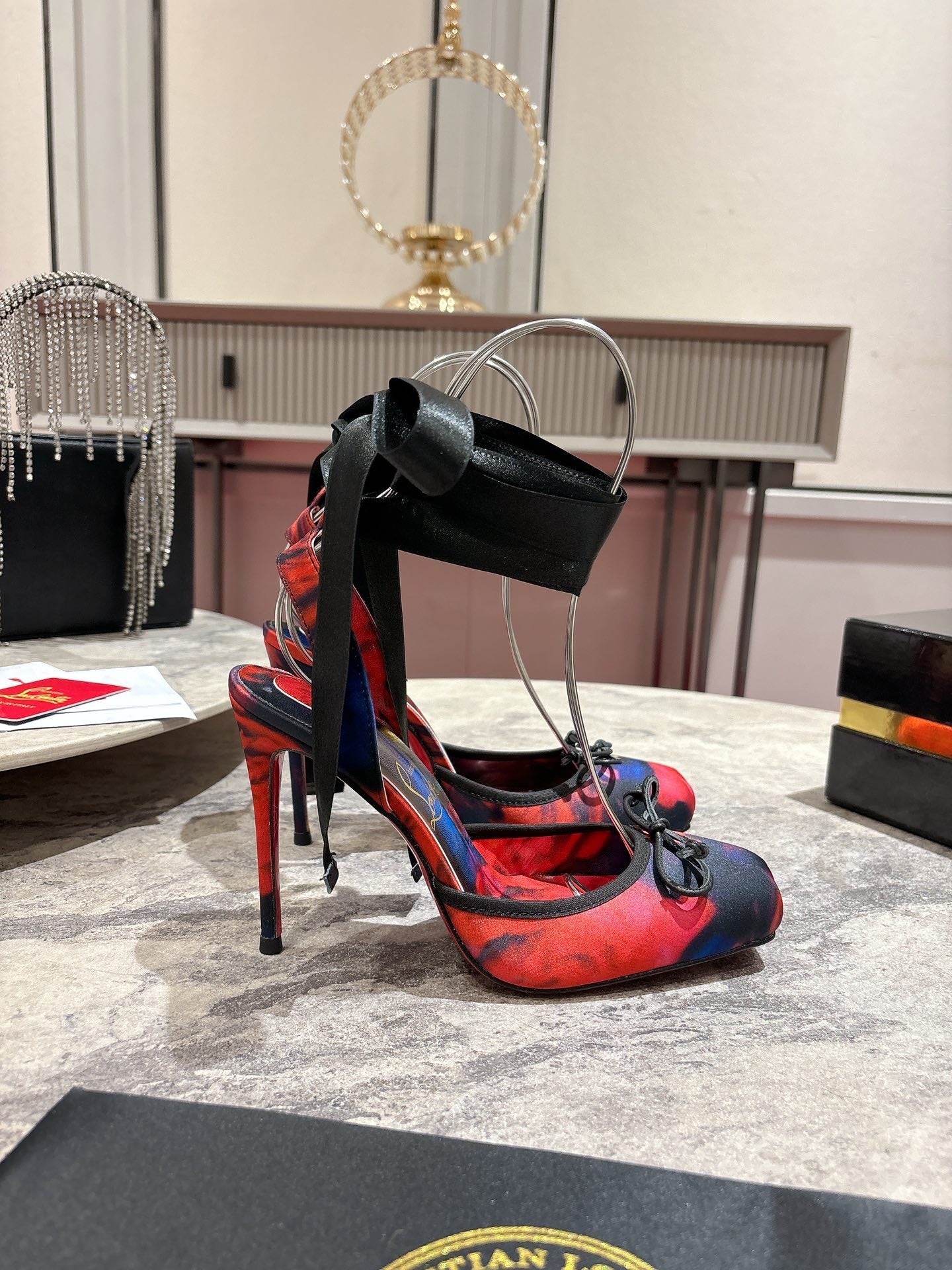 CASSIA LACE UP 100MM IN RED AND MULTICOLOR SATIN